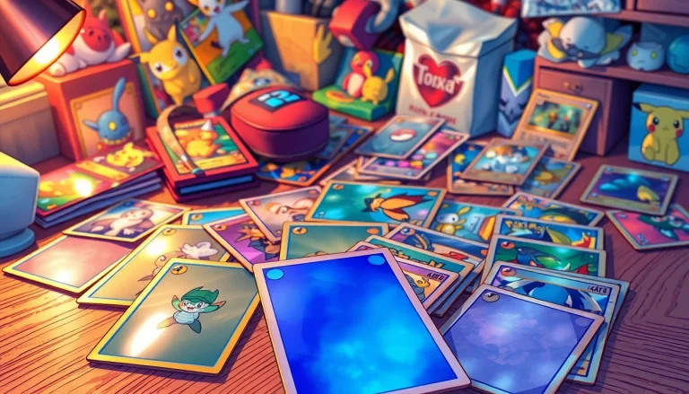 Discover a vibrant collection of Pokemon cards India displayed on a textured wooden table, showcasing their unique features.