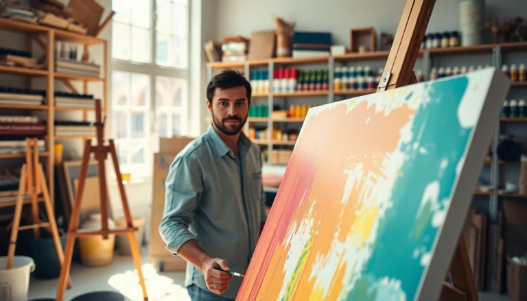 Verken de veelzijdigheid van canvas terwijl een kunstenaar schildert in een heldere studio.