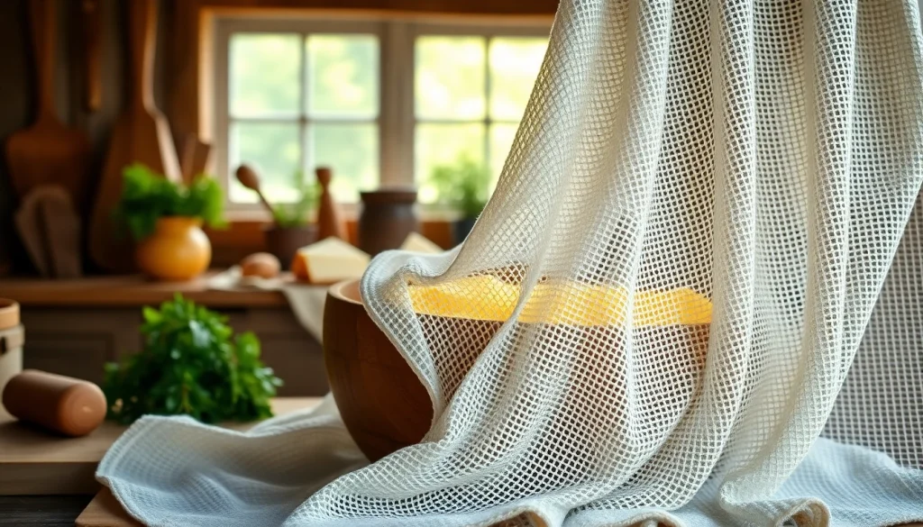 Kaasdoek draped over a bowl with fresh curds, creating a cozy kitchen scene.