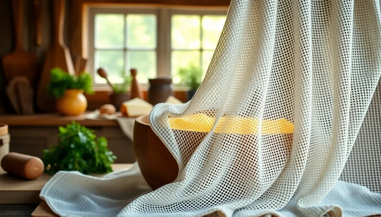 Kaasdoek draped over a bowl with fresh curds, creating a cozy kitchen scene.