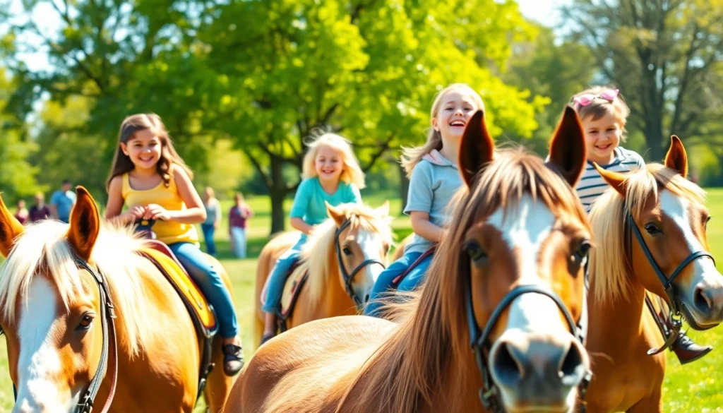 Children enjoying pony rides with cheerful expressions in a sunny park setting.