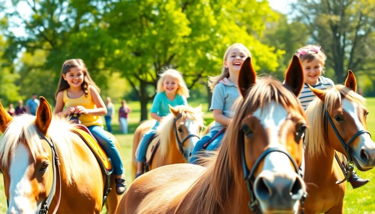 Children enjoying pony rides with cheerful expressions in a sunny park setting.
