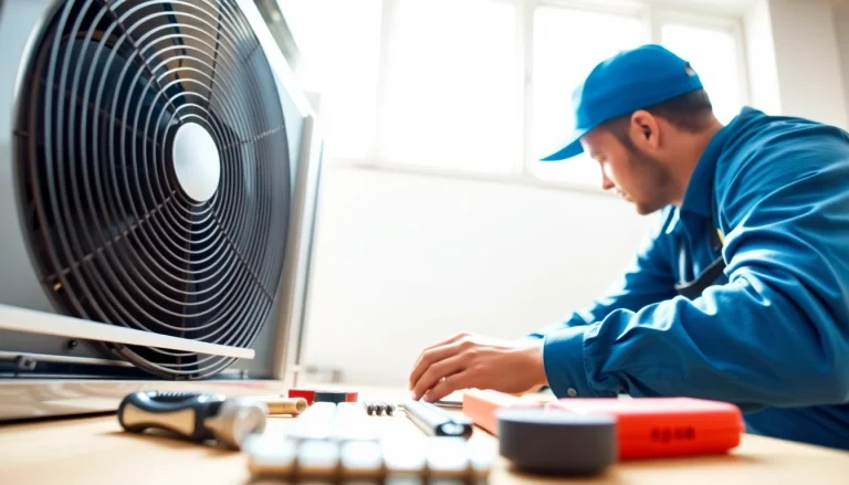 Expert ac repair Phoenix AZ technician examining an air conditioning unit in a bright workspace.