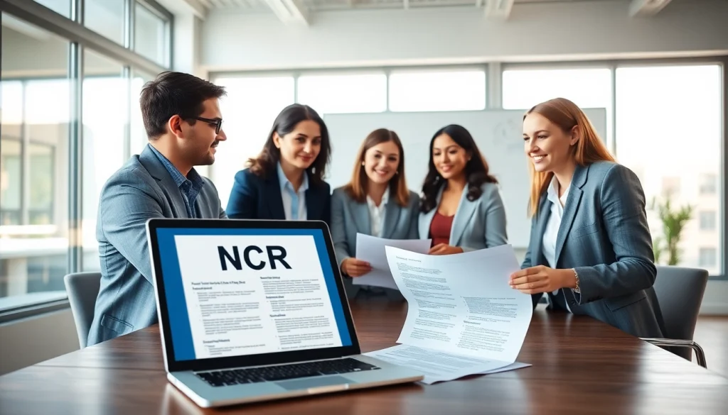 NCR Registration discussion among professionals in a modern office setting.