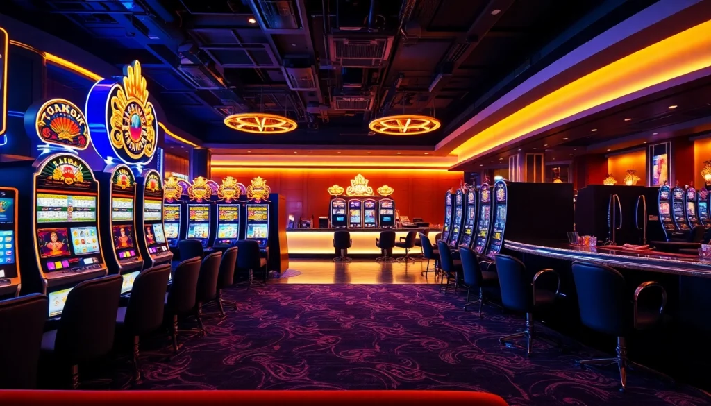 Disfruta de la experiencia de luxury12 en un elegante salón de juegos con máquinas brillantes.