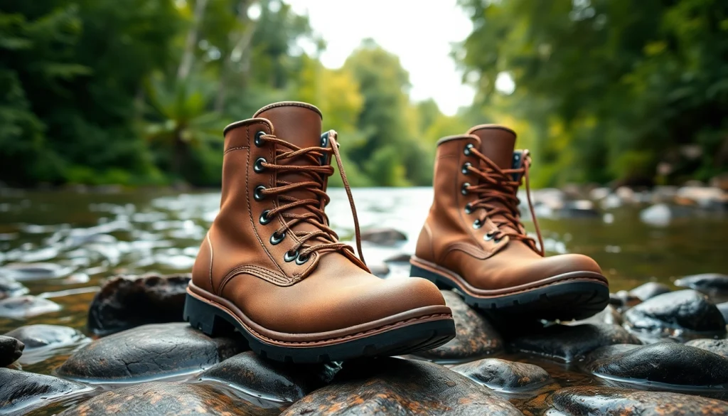 Explore Fly fishing boots designed for comfort and durability in a picturesque river setting.