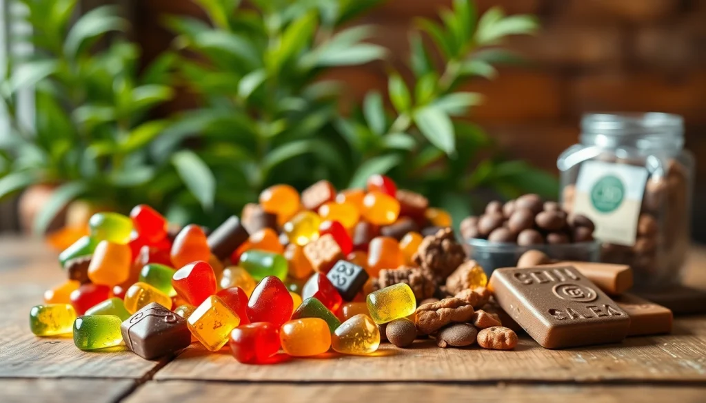 Showcase of colorful wholesale CBD edibles including gummies and chocolates on a rustic table.