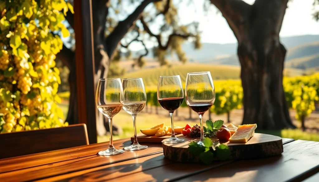 Savor the ambiance at the Winery Sacramento with elegant wine tasting setup and lush vineyard views.