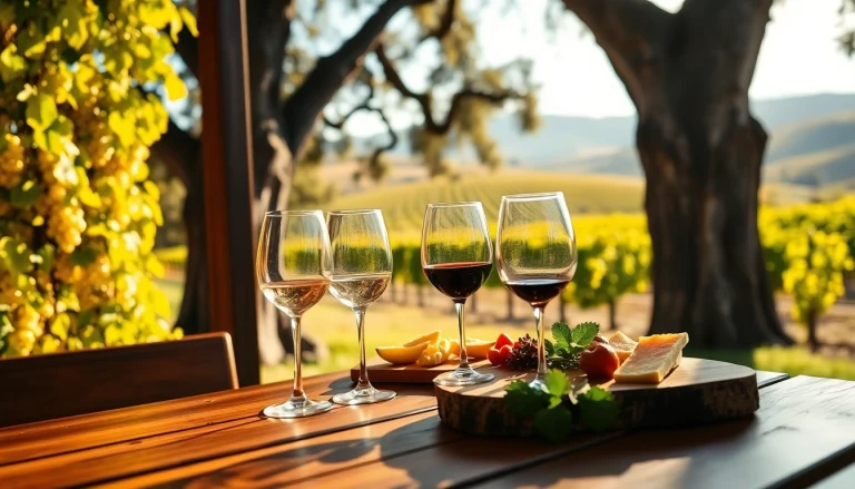 Savor the ambiance at the Winery Sacramento with elegant wine tasting setup and lush vineyard views.