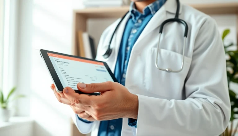Doctor using the best eprescription apps on a tablet in a modern office setting.
