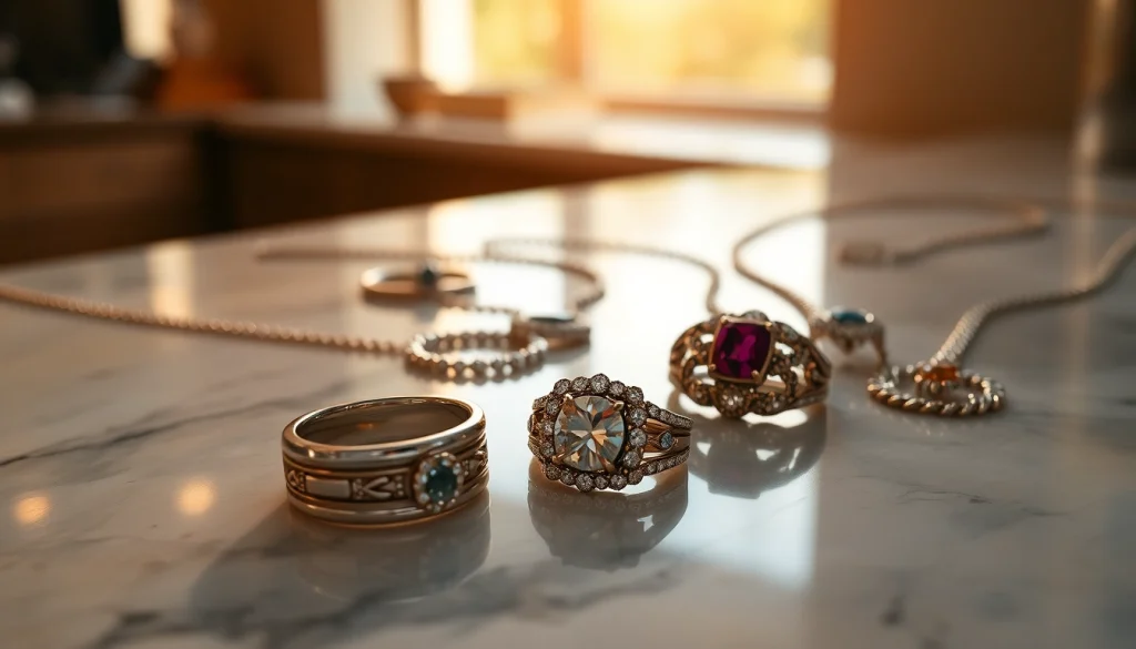 Showcasing exquisite jewelry pieces with intricate designs and sparkling gemstones.
