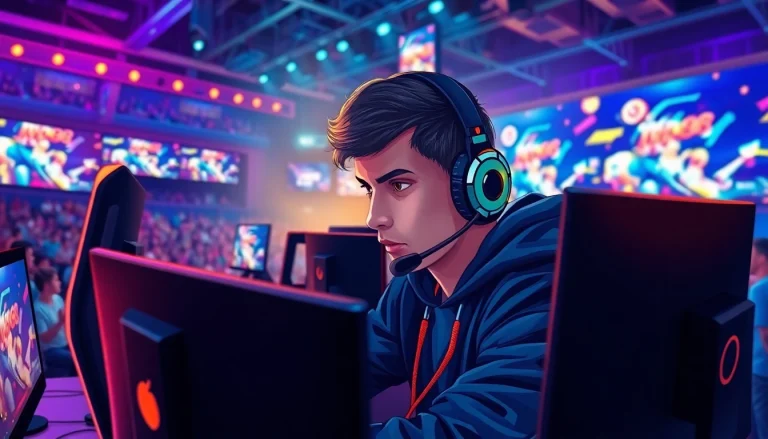 Aksi menegangkan pemain esports mild88 di arena modern dengan pengaturan gaming canggih.