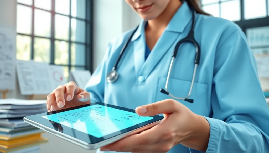 Healthcare provider utilizing best eprescription apps on a tablet in a modern clinic.