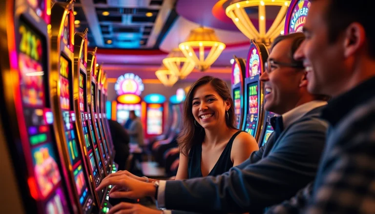 Jugadores disfrutando de luxury12 en un lujoso casino, rodeados de luces y emoción.