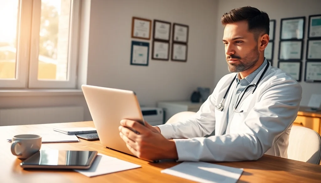 Attentively reviewing eprescribing software reviews on a laptop in a bright clinic setting.